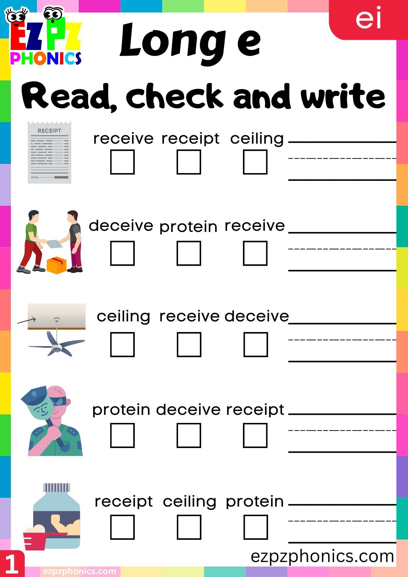 EI Words Read, Check And Write Long E Phonics Worksheet